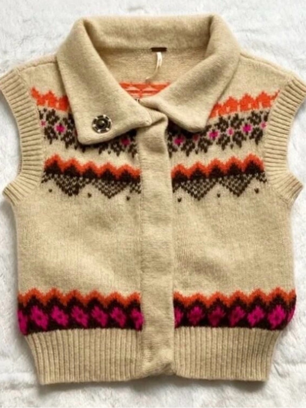 Free People Cream Wool Fair Isle Vest with Pink and Orange Accents